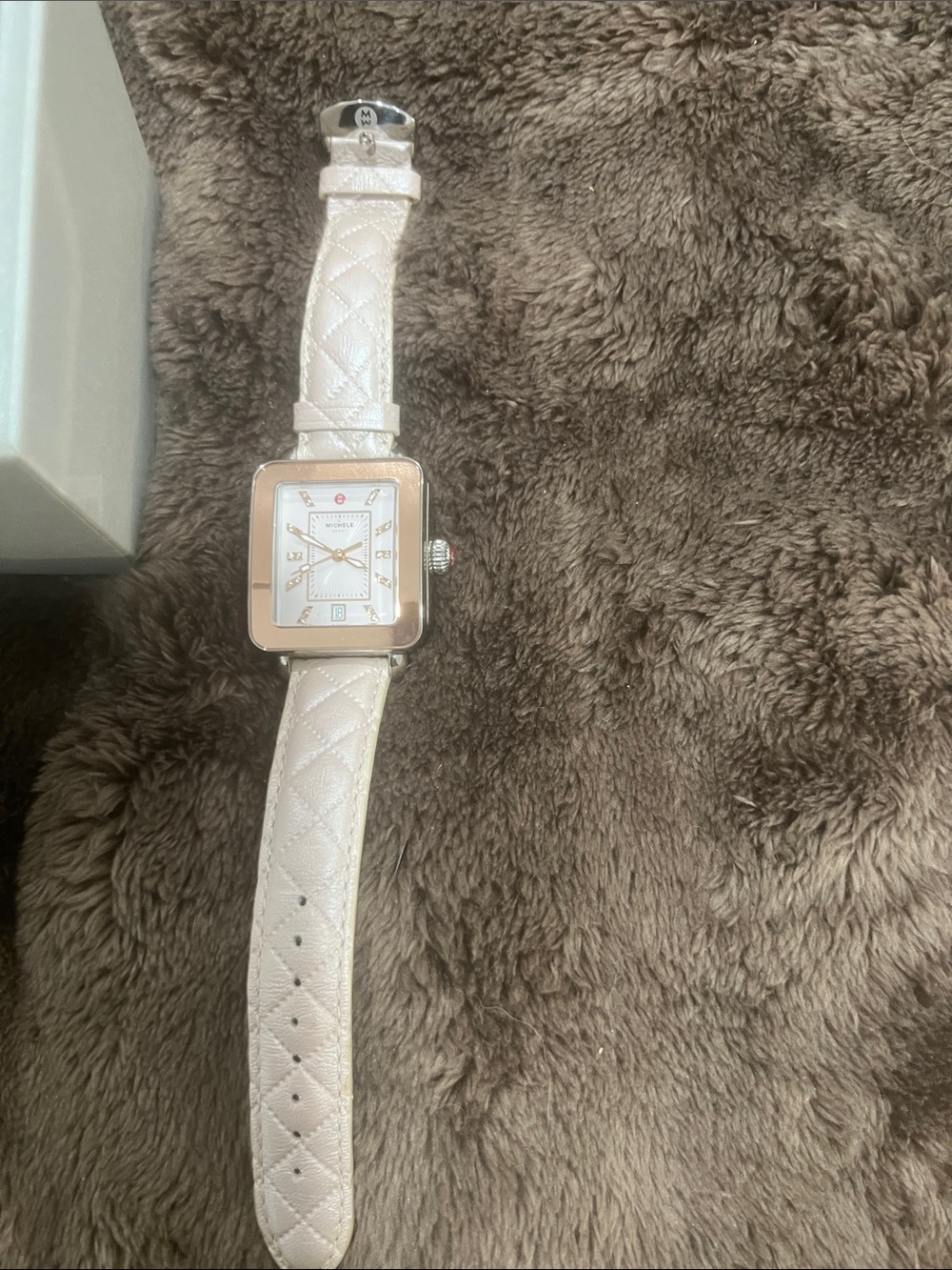 Michele Square Silver Case Watch with Cream Quilted Leather Strap